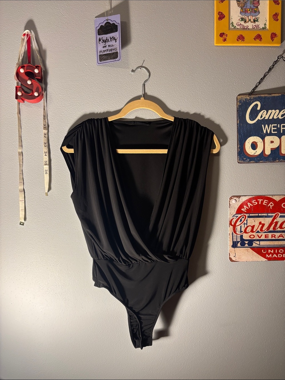 Classic Black Draped V-Neck Bodysuit